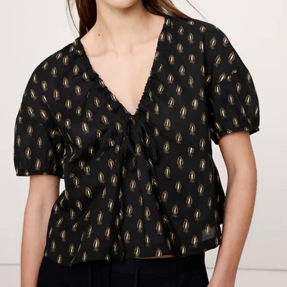 Banana Republic Cotton Tie Front V Neck Top Blouse Black S NEW